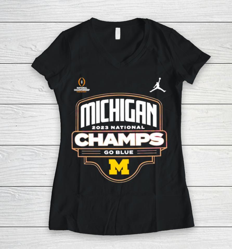 Michigan Wolverines 2023 National Champs Go Blue Women V-Neck T-Shirt