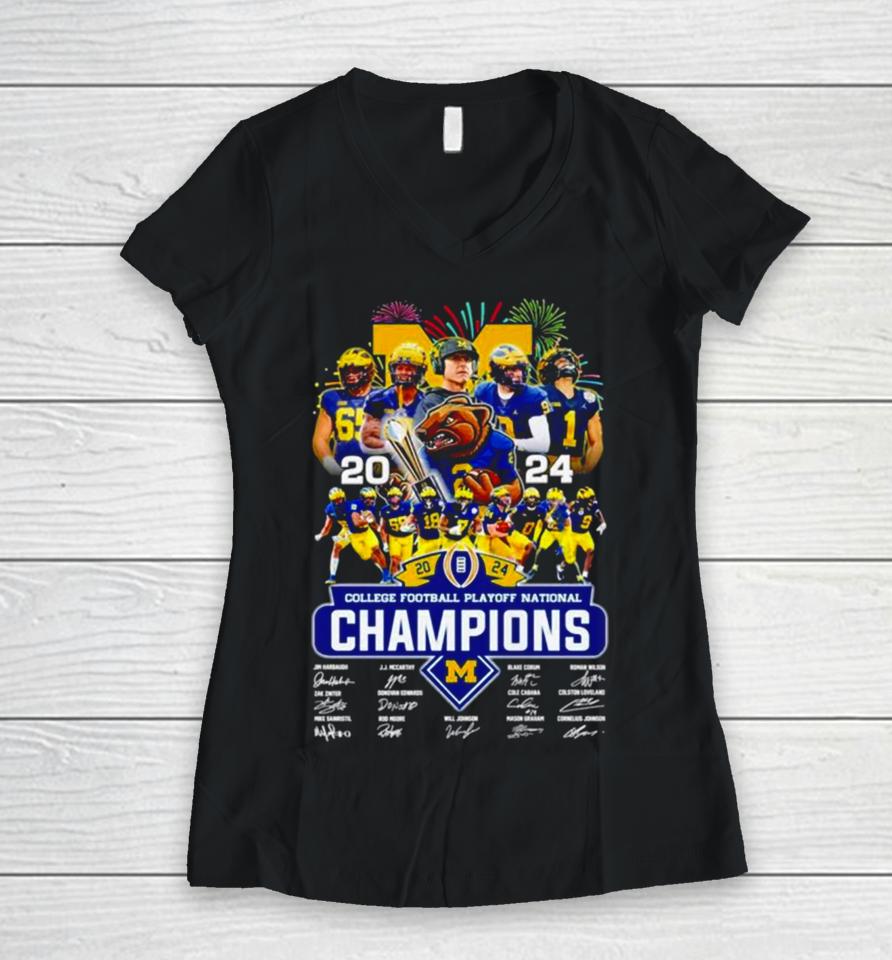 Michigan Wolverines 2024 Cfp National Champions Signatures Women V-Neck T-Shirt