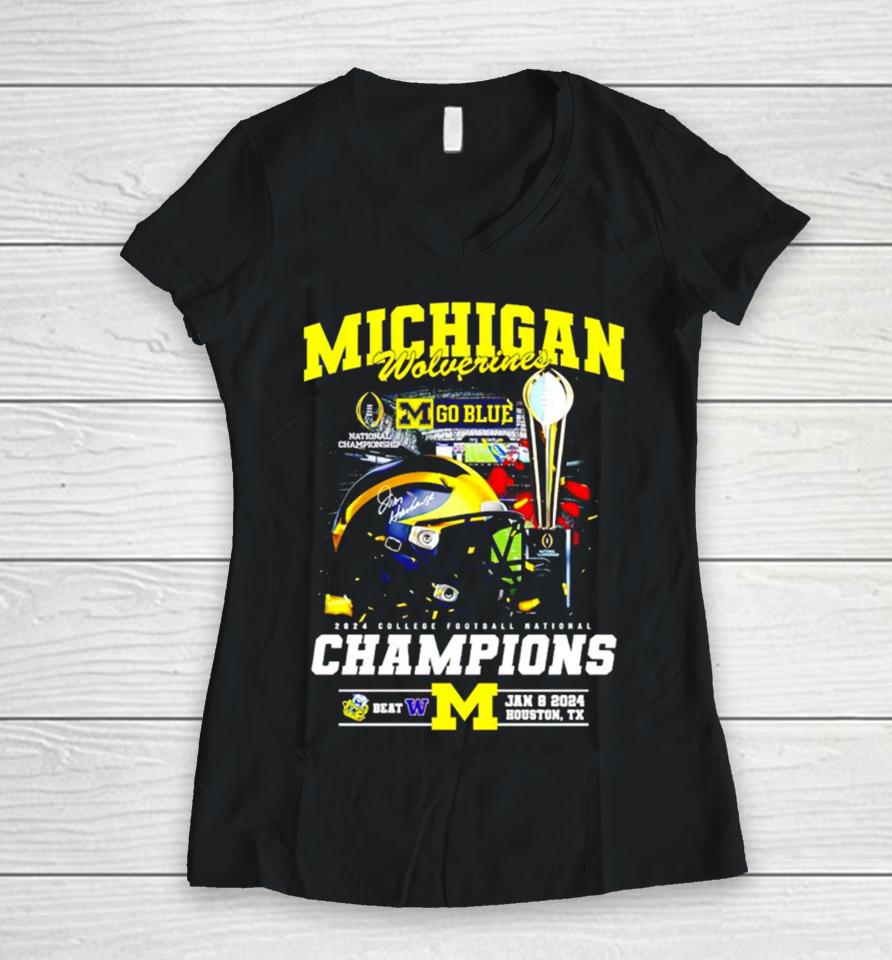 Michigan Wolverines 2024 College Football National Champions Women V-Neck T-Shirt
