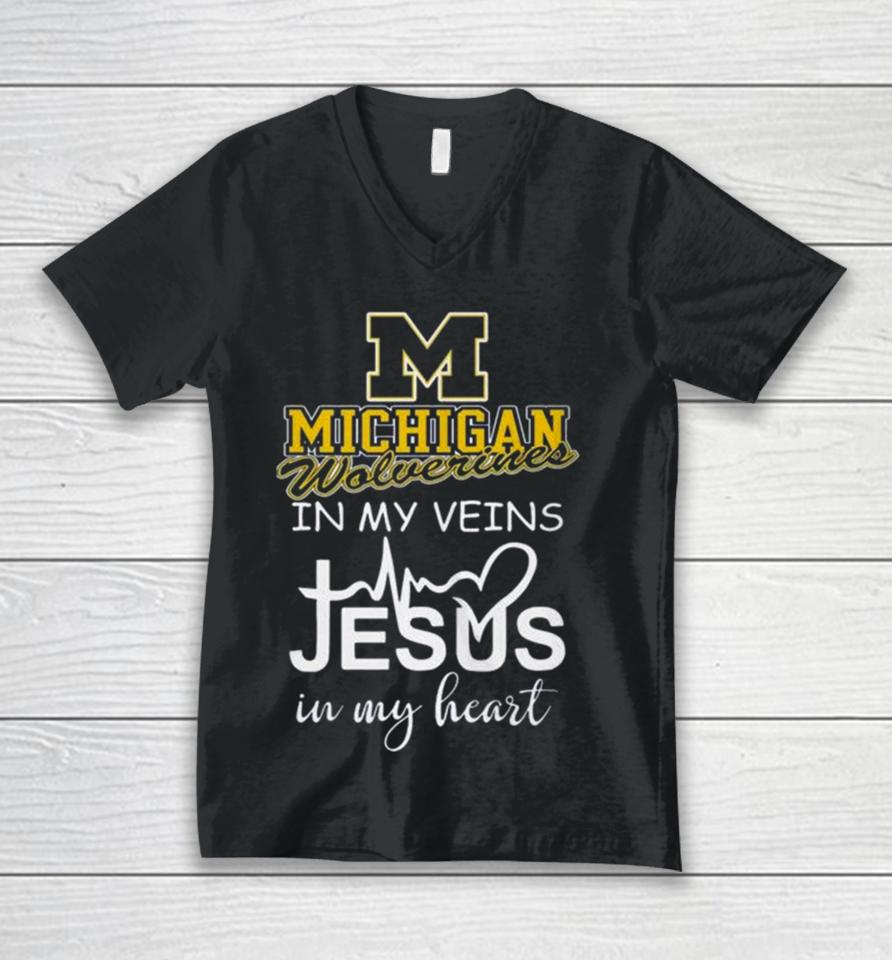Michigan Wolverines 2024 In My Veins Jesus In My Heart Unisex V-Neck T-Shirt