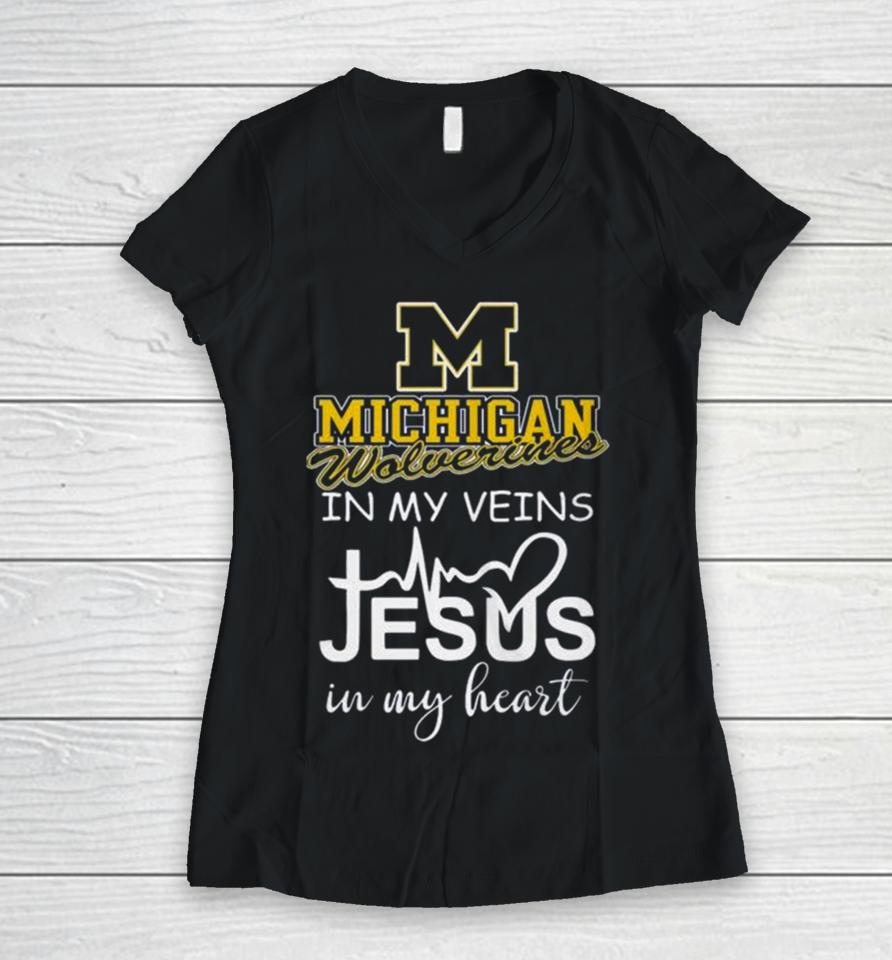 Michigan Wolverines 2024 In My Veins Jesus In My Heart Women V-Neck T-Shirt