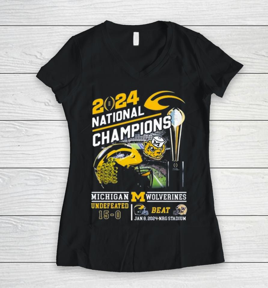 Michigan Wolverines 2024 National Champions Go Blue Beat Huskies Women V-Neck T-Shirt