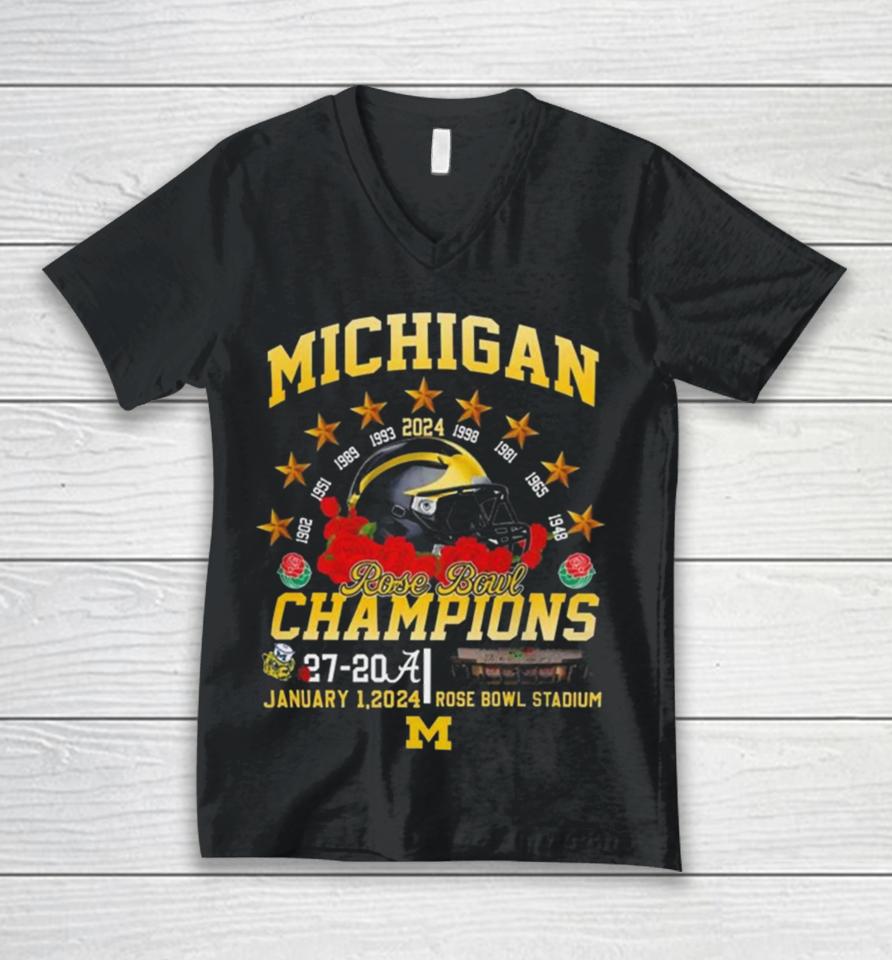 Michigan Wolverines 9 Time Rose Bowl Champions 2024 Unisex V-Neck T-Shirt