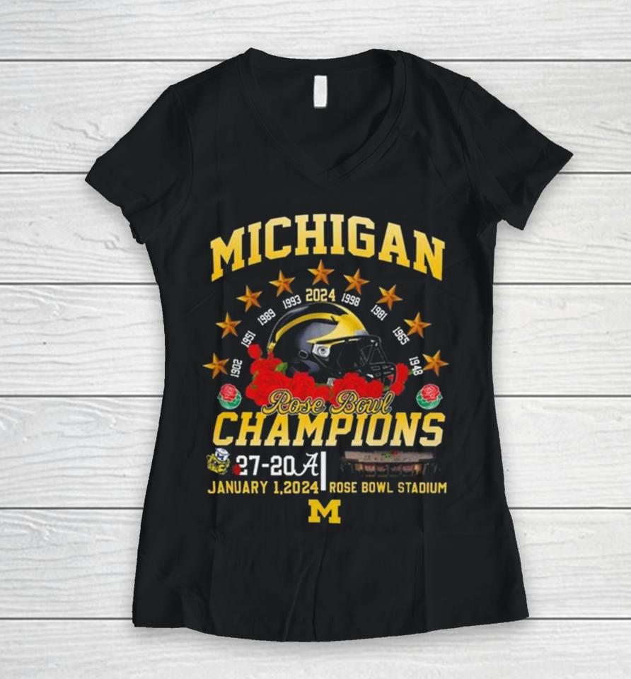 Michigan Wolverines 9 Time Rose Bowl Champions 2024 Women V-Neck T-Shirt