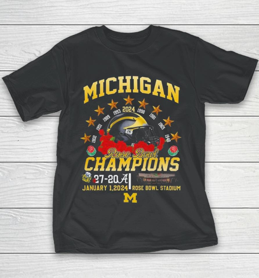 Michigan Wolverines 9 Time Rose Bowl Champions 2024 Youth T-Shirt
