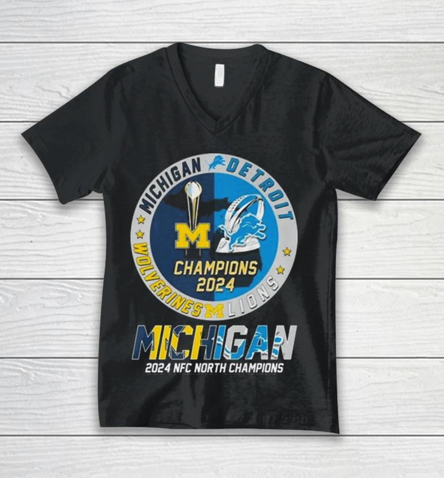 Michigan Wolverines And Detroit Lions 2024 Nfc North Champions 2024 National Champions Unisex V-Neck T-Shirt