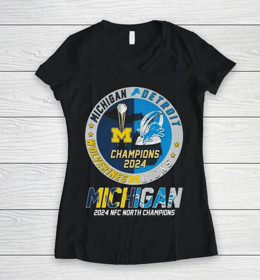 Michigan Wolverines And Detroit Lions 2024 Nfc North Champions 2024 National Champions Women V-Neck T-Shirt