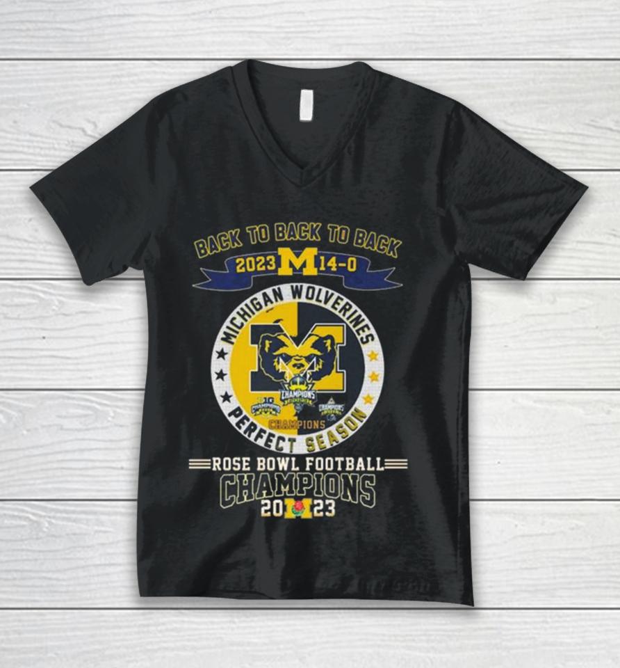 Michigan Wolverines Back To Back To Back 2023 Rose Bowl Football Champions Unisex V-Neck T-Shirt