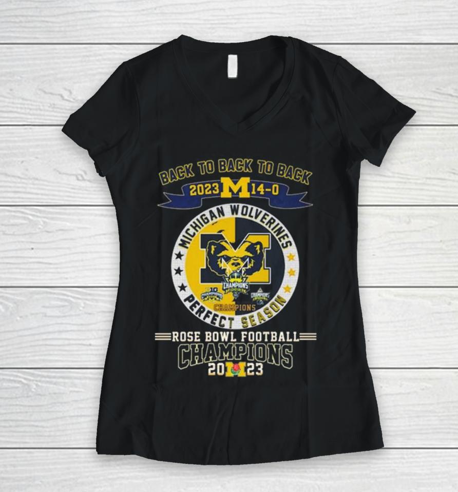 Michigan Wolverines Back To Back To Back 2023 Rose Bowl Football Champions Women V-Neck T-Shirt