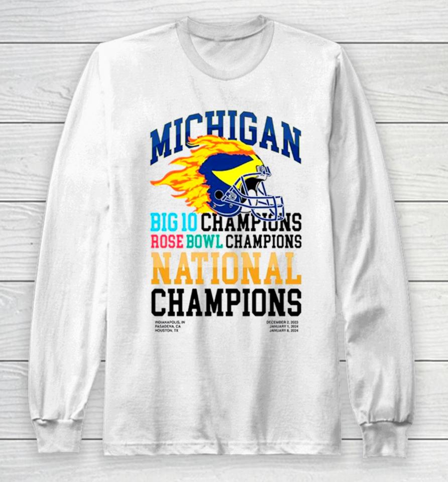 Michigan Wolverines Big 10 Champions Rose Bowl Champions National Champions Helmet Long Sleeve T-Shirt