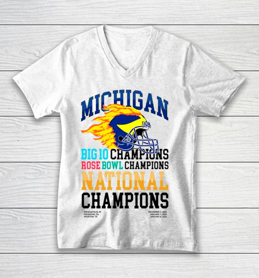 Michigan Wolverines Big 10 Champions Rose Bowl Champions National Champions Helmet Unisex V-Neck T-Shirt