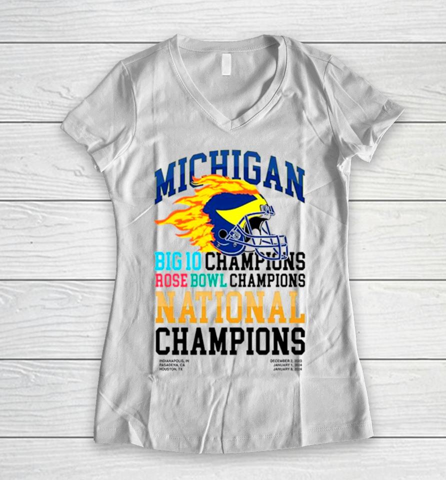 Michigan Wolverines Big 10 Champions Rose Bowl Champions National Champions Helmet Women V-Neck T-Shirt