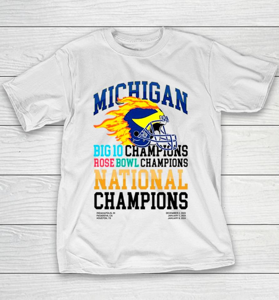 Michigan Wolverines Big 10 Champions Rose Bowl Champions National Champions Helmet Youth T-Shirt