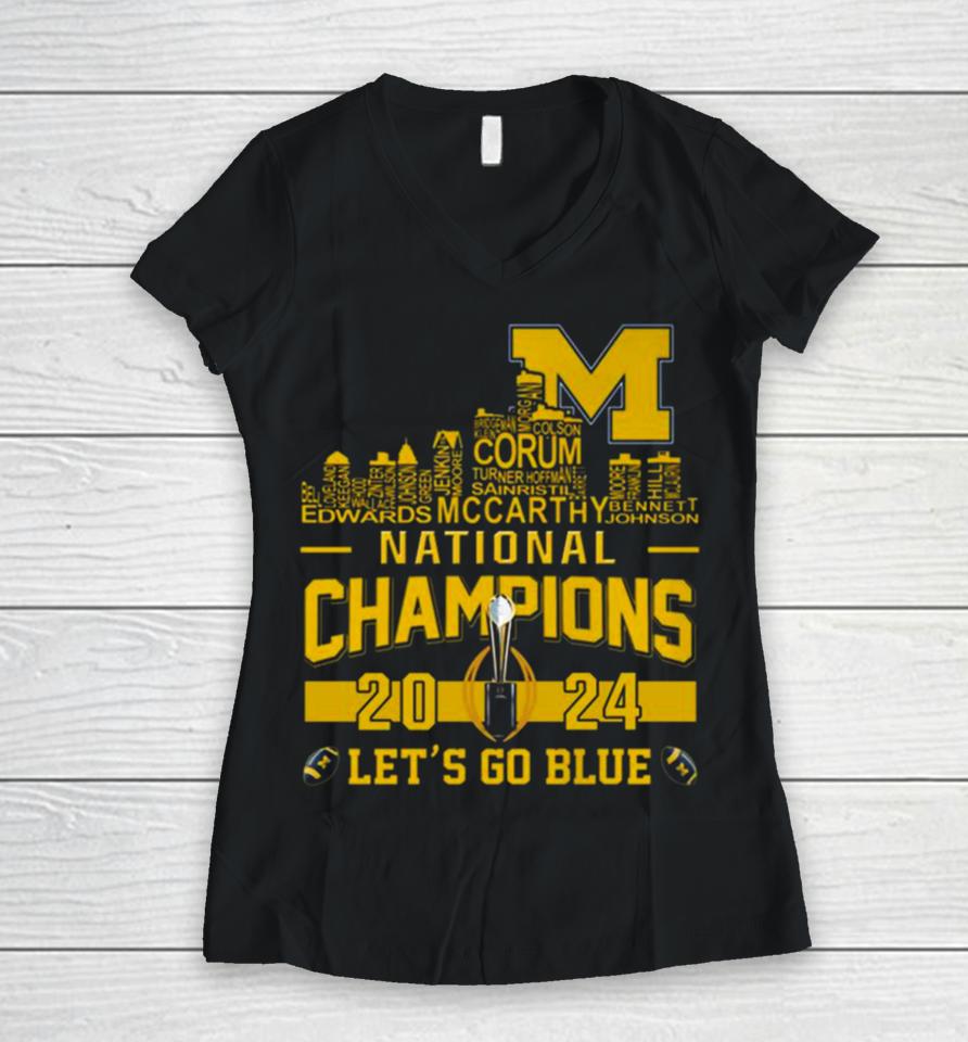 Michigan Wolverines City Players Names 2024 College Football National Champions Women V-Neck T-Shirt