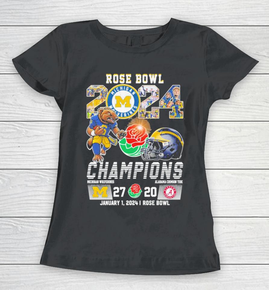 Michigan Wolverines Football 2023 Rose Bowl Champions Victory Alabama 27 20 Women T-Shirt