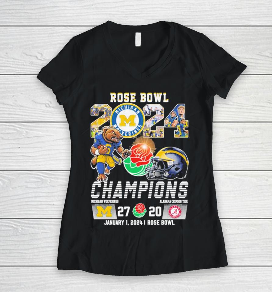 Michigan Wolverines Football 2023 Rose Bowl Champions Victory Alabama 27 20 Women V-Neck T-Shirt