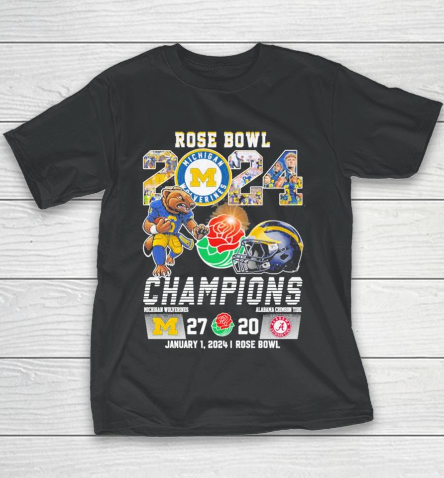 Michigan Wolverines Football 2023 Rose Bowl Champions Victory Alabama 27 20 Youth T-Shirt