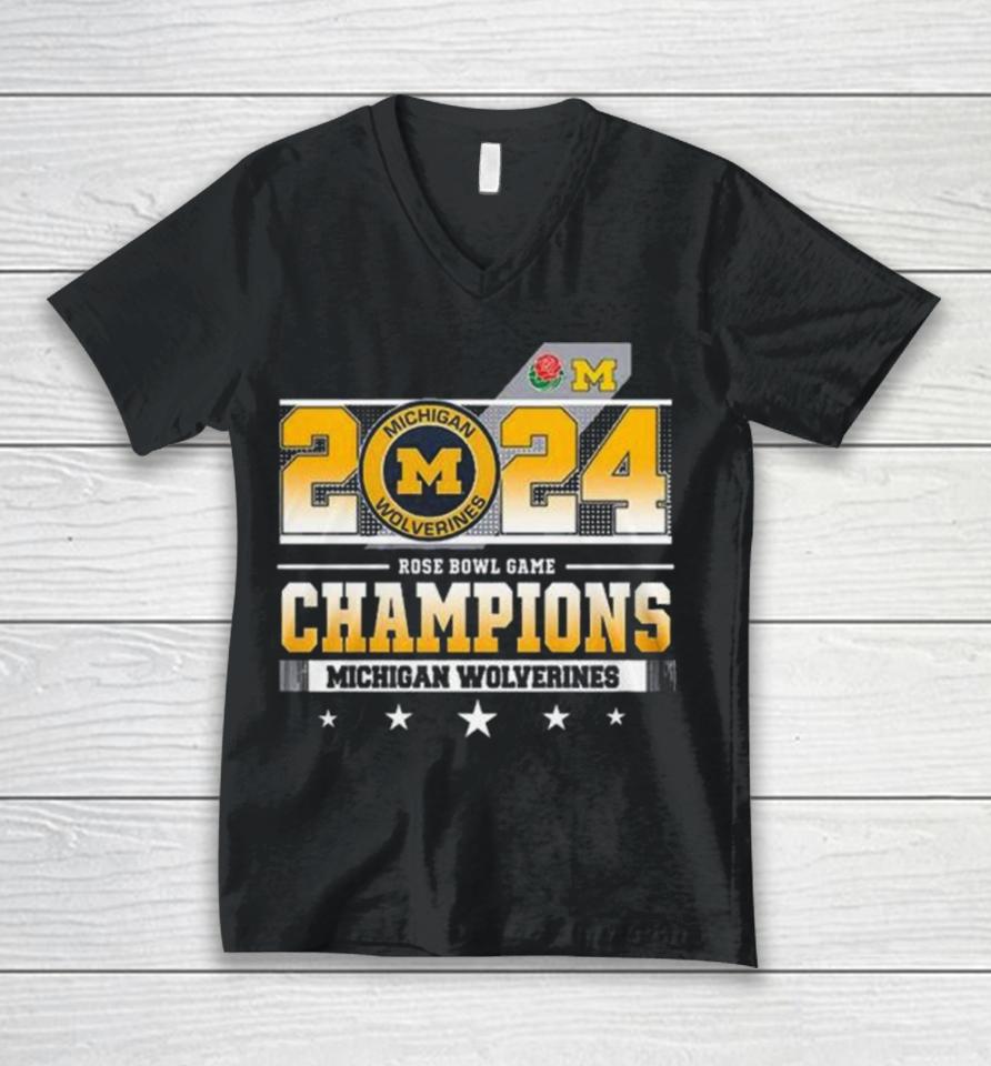 Michigan Wolverines Football 2024 Rose Bowl Game Champions Unisex V-Neck T-Shirt
