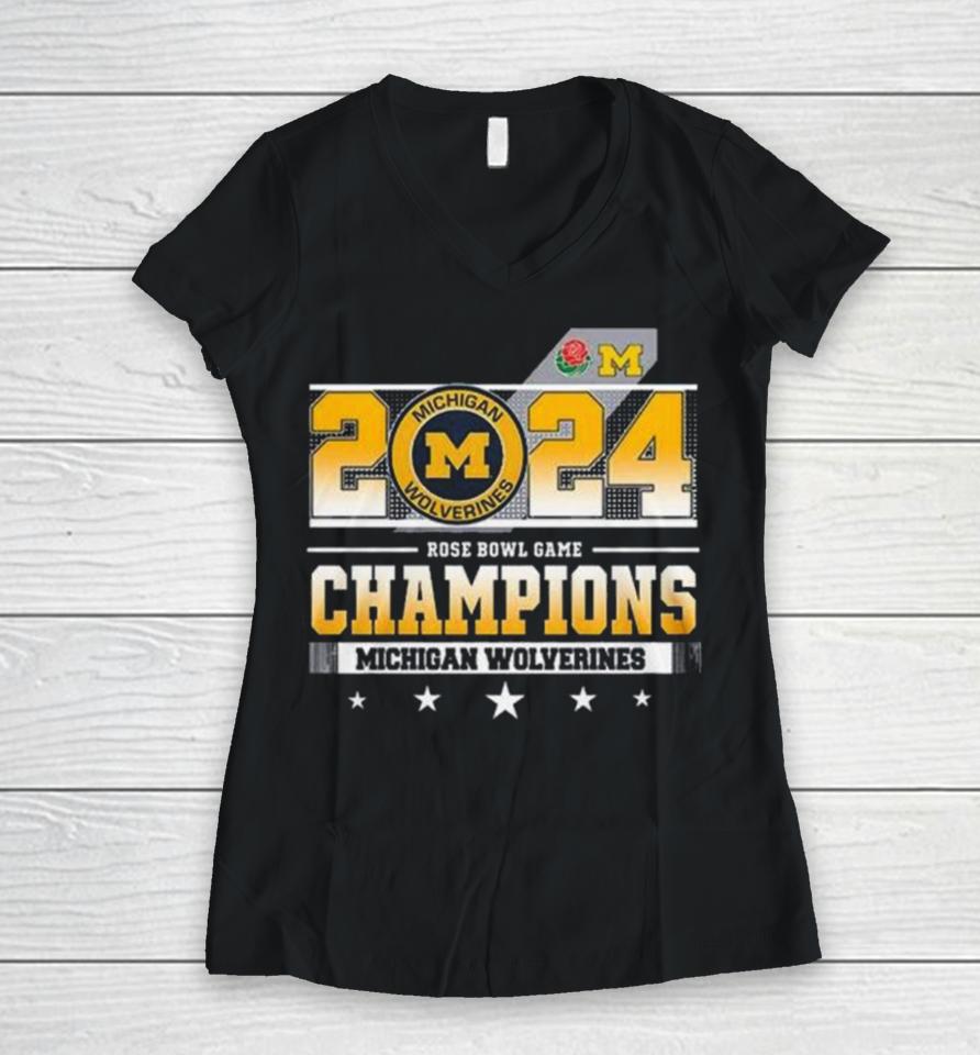 Michigan Wolverines Football 2024 Rose Bowl Game Champions Women V-Neck T-Shirt