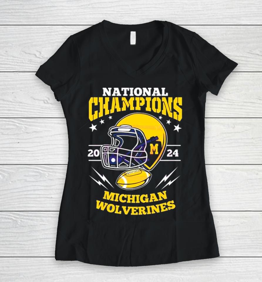 Michigan Wolverines Football Helmet National Champions 2024 Women V-Neck T-Shirt