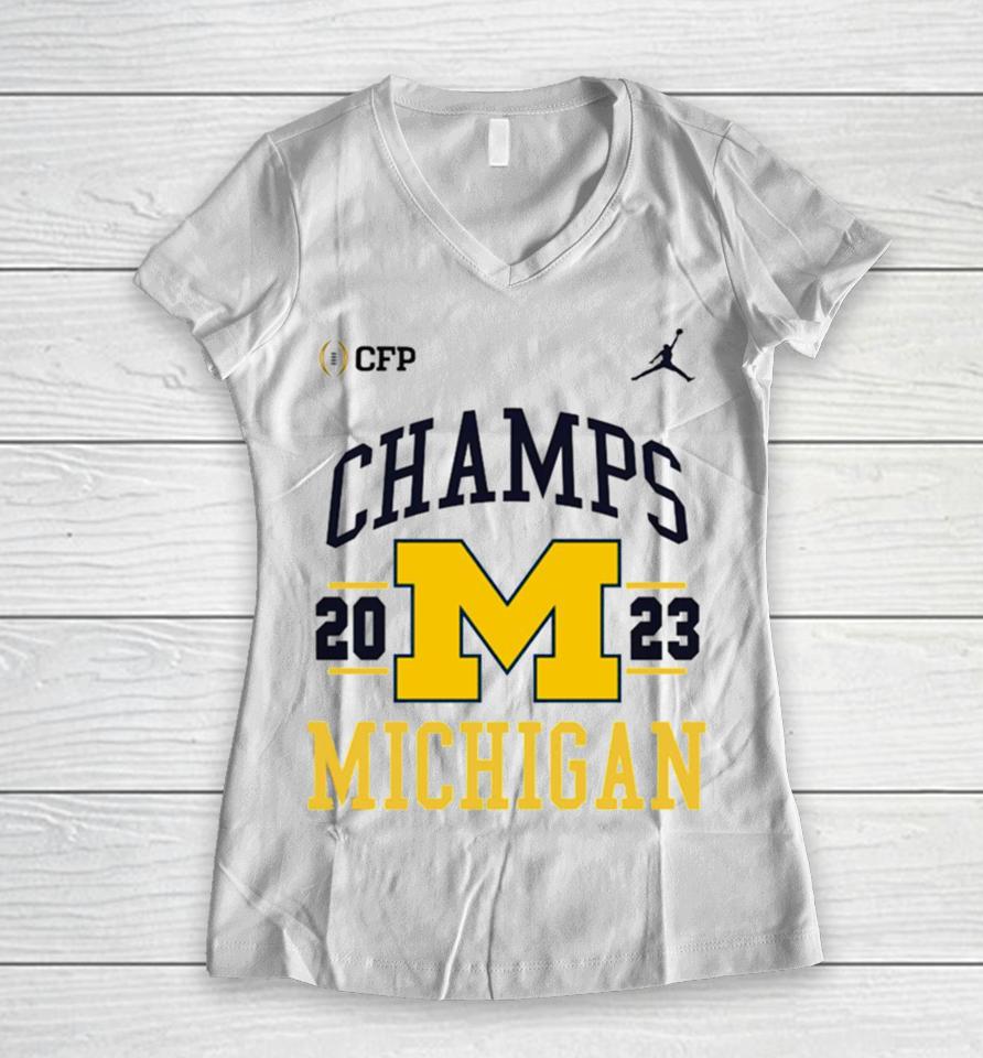 Michigan Wolverines Football Playoff 2023 National Champions Retro Women V-Neck T-Shirt