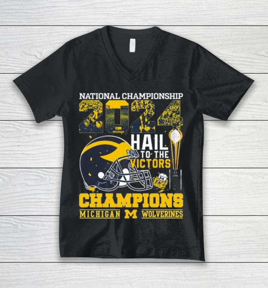 Michigan Wolverines Helmet Football 2024 National Championship Hail To The Victors Champions Unisex V-Neck T-Shirt