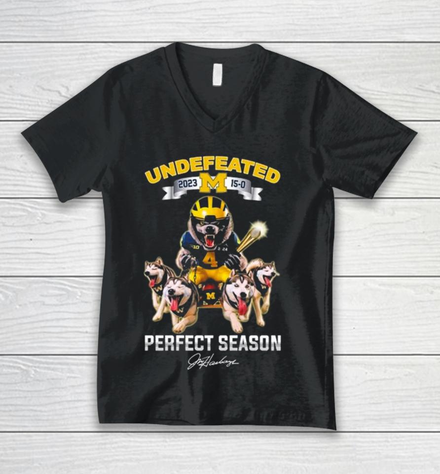 Michigan Wolverines Mascot Football Undefeated 2023 15 0 Perfect Season Unisex V-Neck T-Shirt