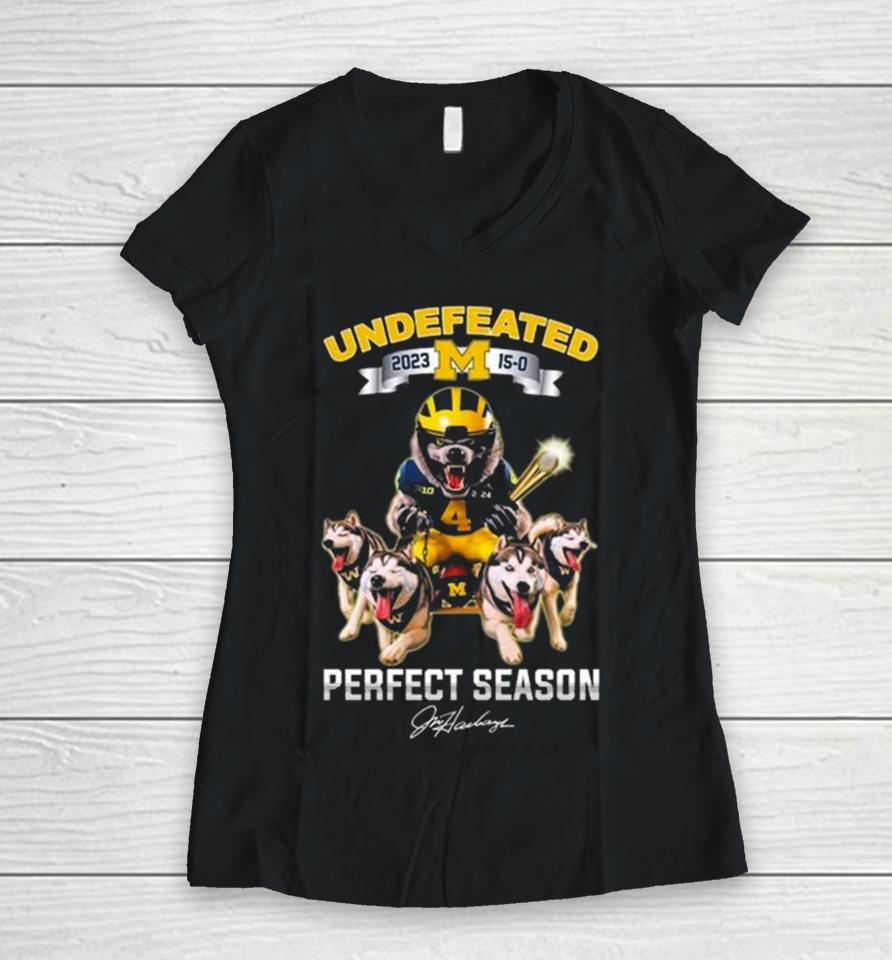 Michigan Wolverines Mascot Football Undefeated 2023 15 0 Perfect Season Women V-Neck T-Shirt