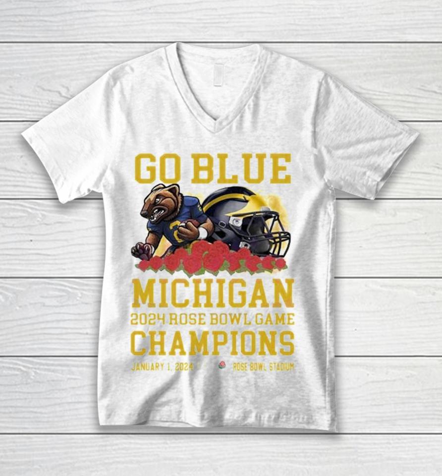 Michigan Wolverines Mascot Go Blue 2024 Rose Bowl Game Champions Rose Bowl Stadium Unisex V-Neck T-Shirt