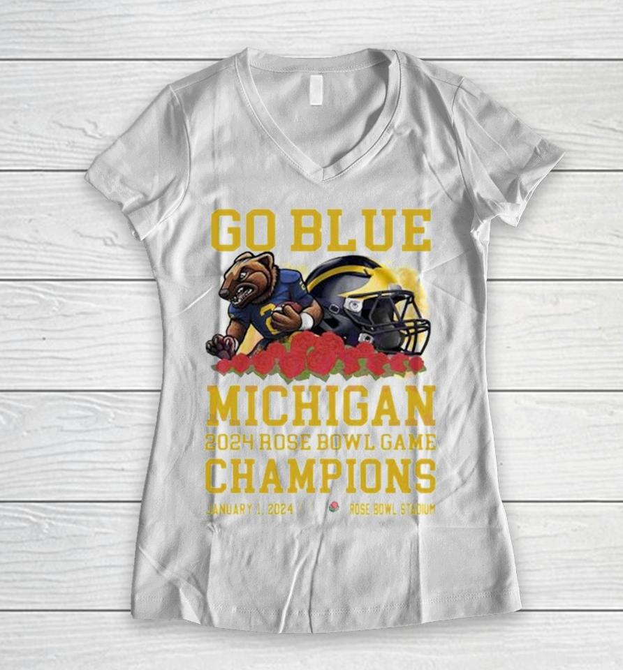 Michigan Wolverines Mascot Go Blue 2024 Rose Bowl Game Champions Rose Bowl Stadium Women V-Neck T-Shirt