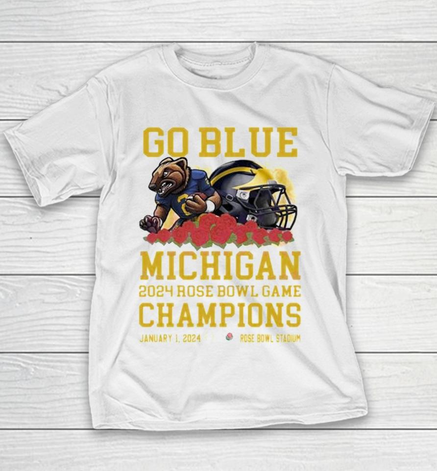 Michigan Wolverines Mascot Go Blue 2024 Rose Bowl Game Champions Rose Bowl Stadium Youth T-Shirt