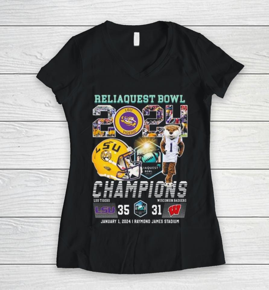 Michigan Wolverines Mascot Reliaquest Bowl 2024 Champions Women V-Neck T-Shirt
