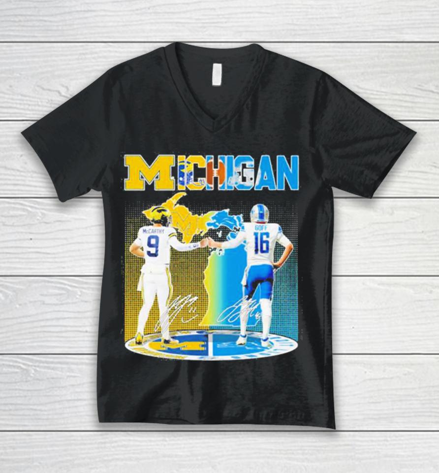 Michigan Wolverines Mccarthy And Detroit Lions Goff 2023 2024 Season Champions Signatures Unisex V-Neck T-Shirt