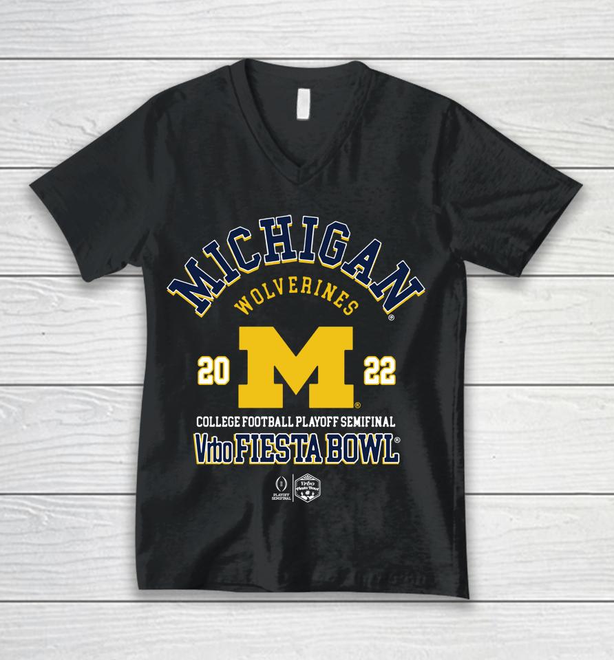 Michigan Wolverines Navy Blue 2022 College Football Playoff Bound Fashion Unisex V-Neck T-Shirt