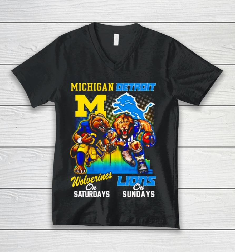 Michigan Wolverines On Saturday Detroit Lions On Sunday Mascots Unisex V-Neck T-Shirt