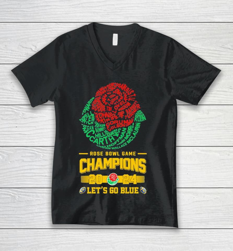 Michigan Wolverines Players Names 2024 Rose Bowl Champions Logo Let’s Go Blue Unisex V-Neck T-Shirt