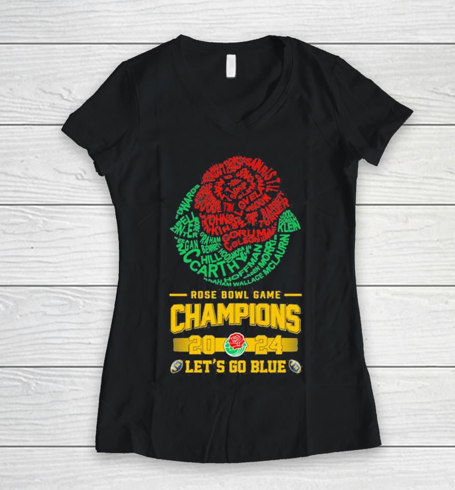 Michigan Wolverines Players Names 2024 Rose Bowl Champions Logo Let’s Go Blue Women V-Neck T-Shirt