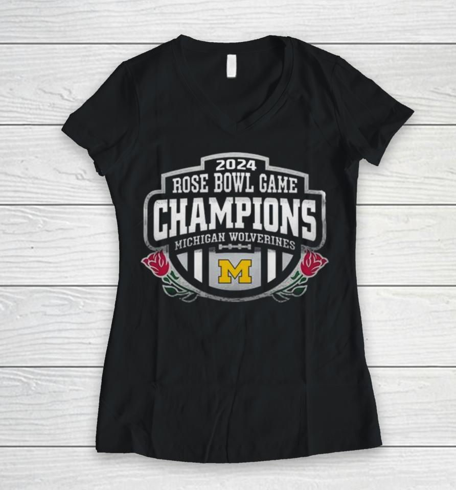 Michigan Wolverines Rose Bowl Game Champions 2024 Women V-Neck T-Shirt