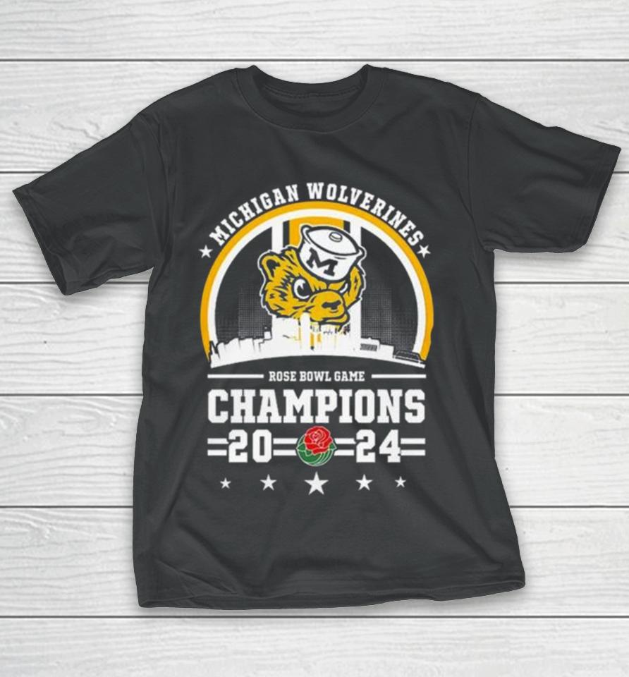 Michigan Wolverines Skyline 2024 Rose Bowl Game Champions T-Shirt