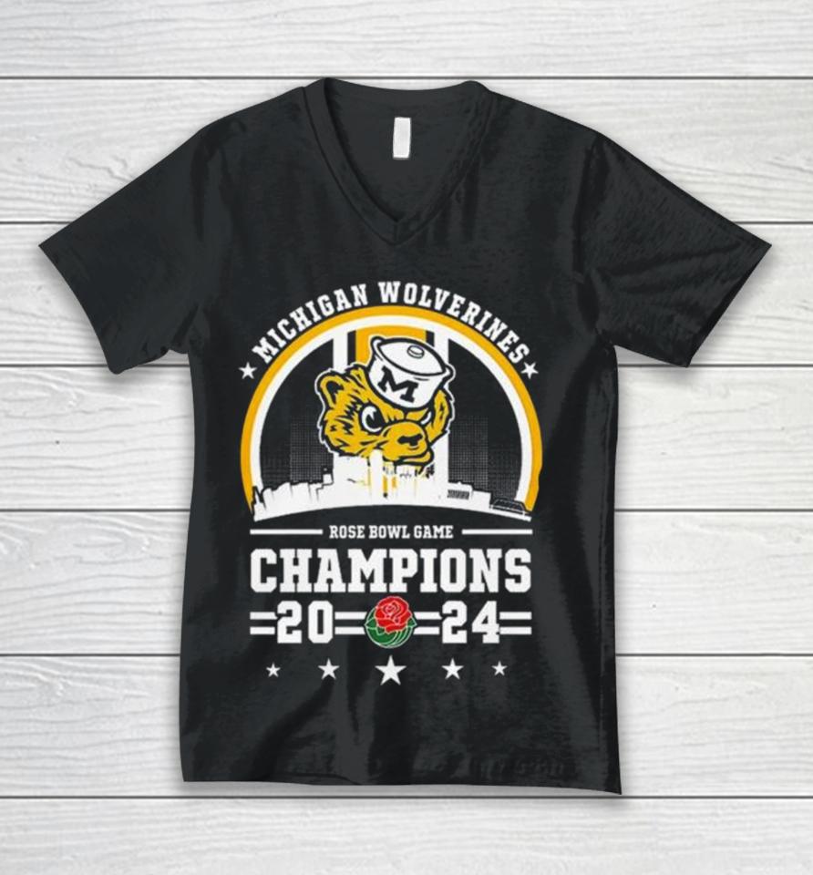 Michigan Wolverines Skyline 2024 Rose Bowl Game Champions Unisex V-Neck T-Shirt