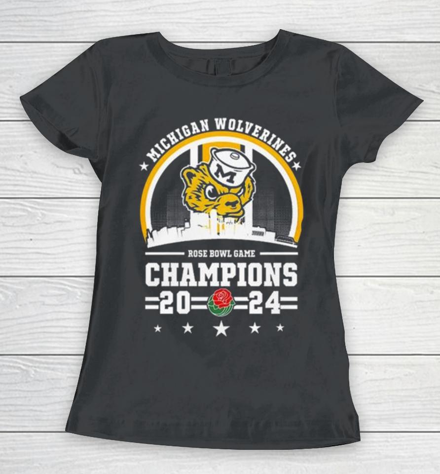 Michigan Wolverines Skyline 2024 Rose Bowl Game Champions Women T-Shirt