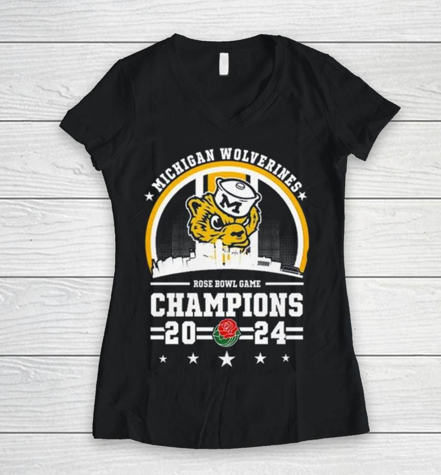 Michigan Wolverines Skyline 2024 Rose Bowl Game Champions Women V-Neck T-Shirt