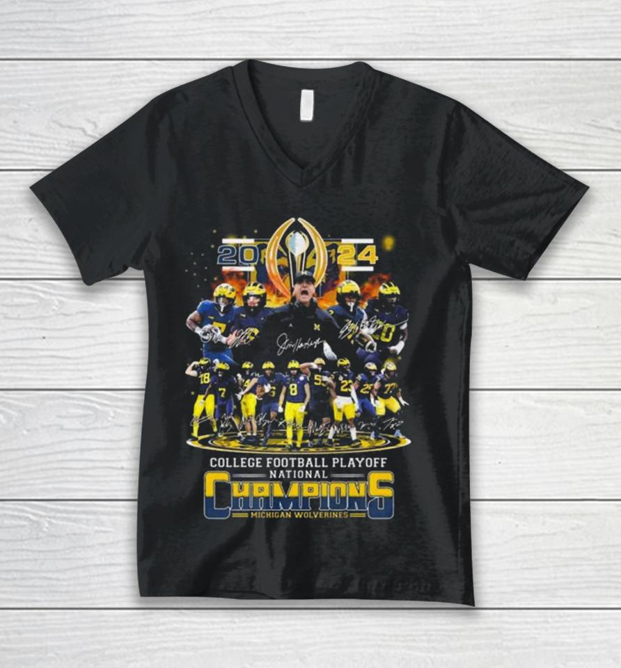 Michigan Wolverines Team Football 2024 College Football Playoff National Champions Signatures Unisex V-Neck T-Shirt