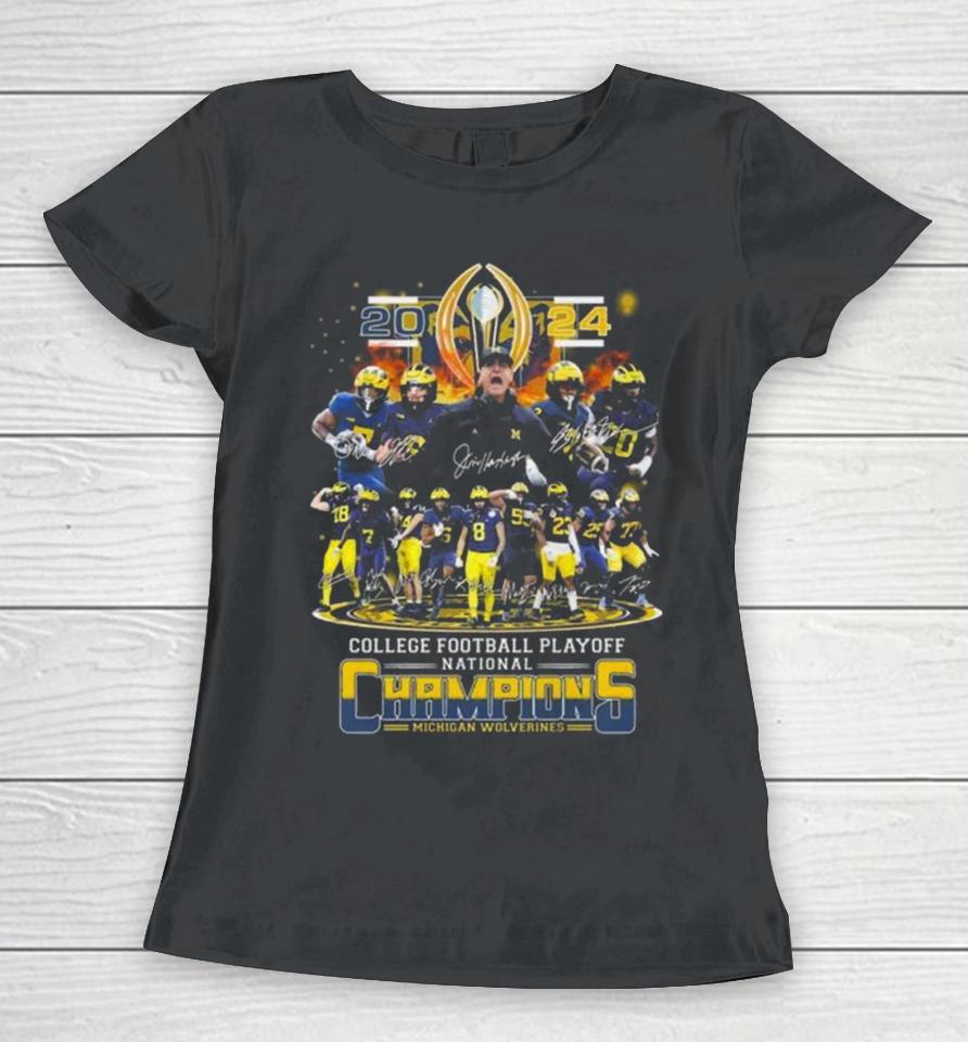 Michigan Wolverines Team Football 2024 College Football Playoff National Champions Signatures Women T-Shirt