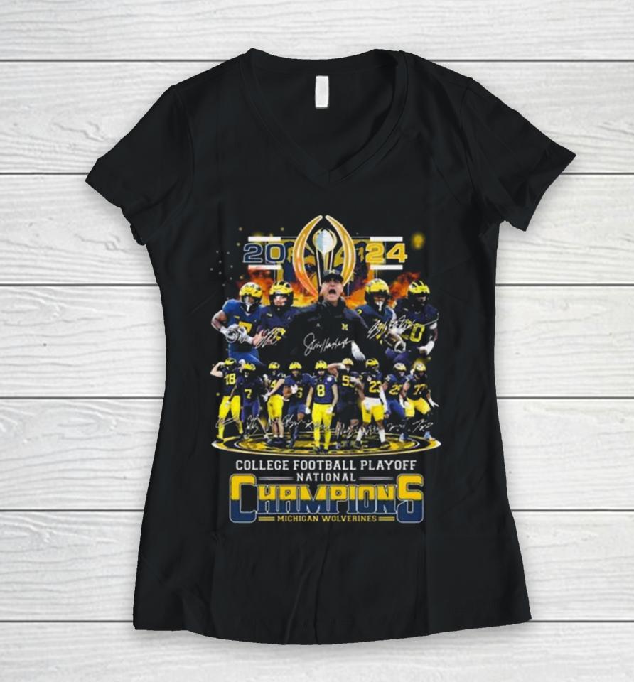 Michigan Wolverines Team Football 2024 College Football Playoff National Champions Signatures Women V-Neck T-Shirt