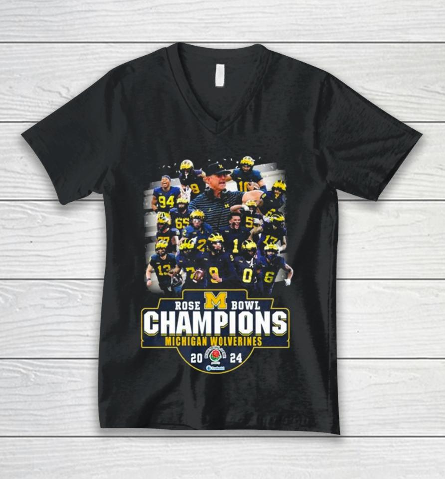 Michigan Wolverines Team Football 2024 Rose Bowl Game Champions Unisex V-Neck T-Shirt