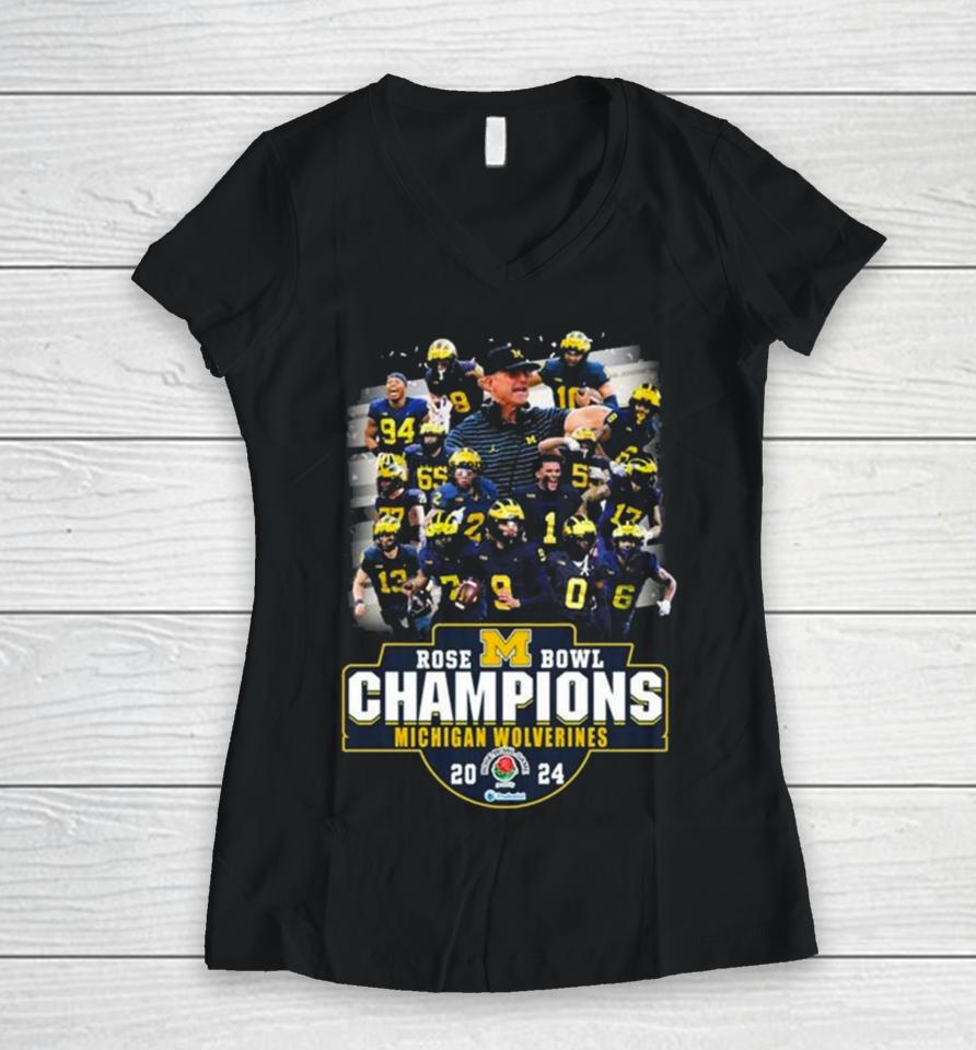 Michigan Wolverines Team Football 2024 Rose Bowl Game Champions Women V-Neck T-Shirt
