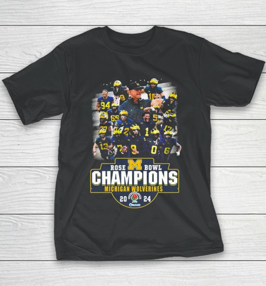 Michigan Wolverines Team Football 2024 Rose Bowl Game Champions Youth T-Shirt