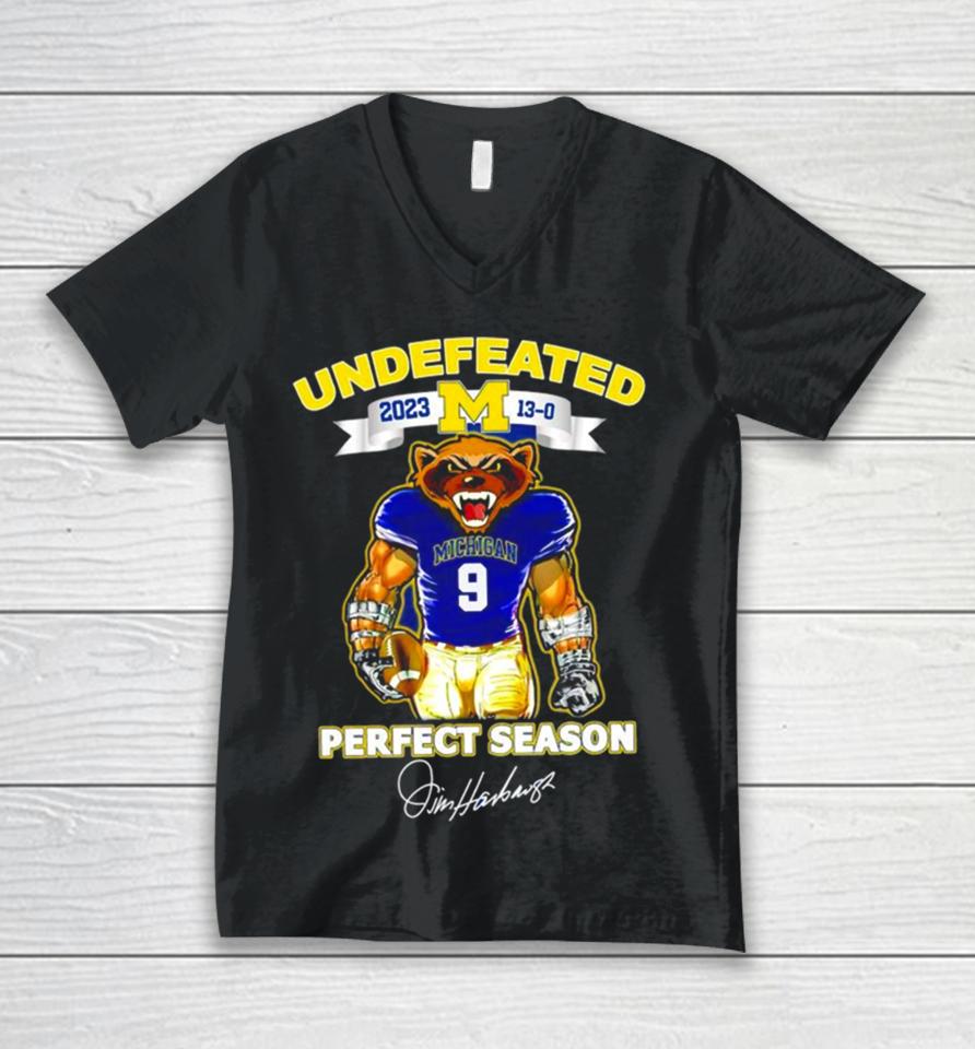 Michigan Wolverines Undefeated Perfect Season Jim Harbaugh Signatures Unisex V-Neck T-Shirt
