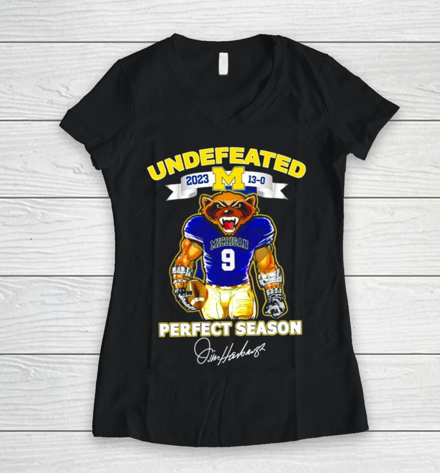 Michigan Wolverines Undefeated Perfect Season Jim Harbaugh Signatures Women V-Neck T-Shirt